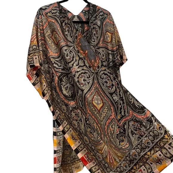 Boho Silk Paisley Black Gold Caftan Kimono Open Front Cover Up One Size - Picture 4 of 5
